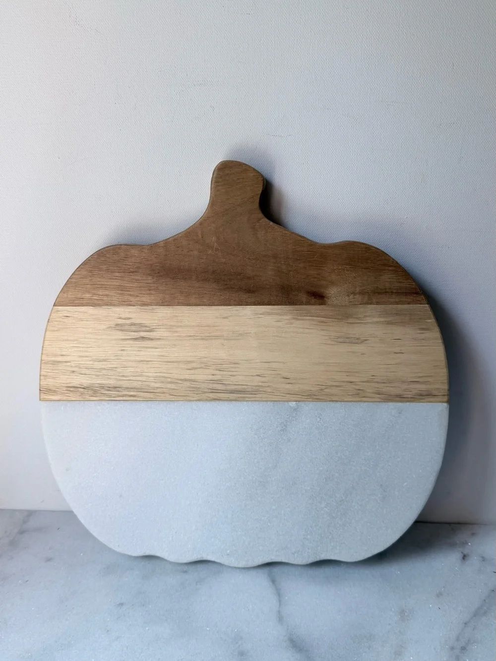 Pumpkin-Shaped Wood & Marble Serving Board - Light Wood and Pale gray